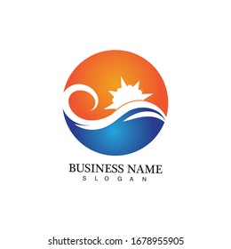 Logo de diseño de ilustraciones vectoriales de ondas de agua y iconos de sol