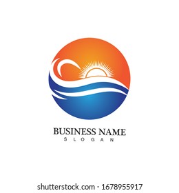 Logo de diseño de ilustraciones vectoriales de ondas de agua y iconos de sol