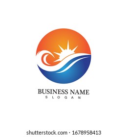 Water wave and sun icon vector illustration design logo