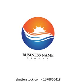 Logo de diseño de ilustraciones vectoriales de ondas de agua y iconos de sol