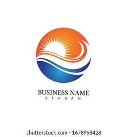 Logo de diseño de ilustraciones vectoriales de ondas de agua y iconos de sol