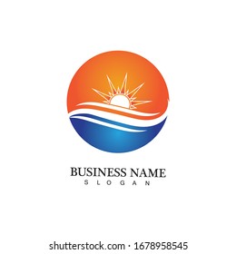 Logo de diseño de ilustraciones vectoriales de ondas de agua y iconos de sol
