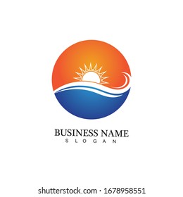 Logo de diseño de ilustraciones vectoriales de ondas de agua y iconos de sol