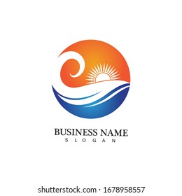 Logo de diseño de ilustraciones vectoriales de ondas de agua y iconos de sol
