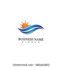 Logo de diseño de ilustraciones vectoriales de ondas de agua y iconos de sol