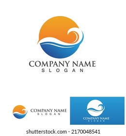 Logo de diseño de ilustraciones vectoriales de ondas de agua y iconos de sol