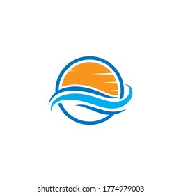 Water Wave with sun Logo Template. vector Icon illustration design