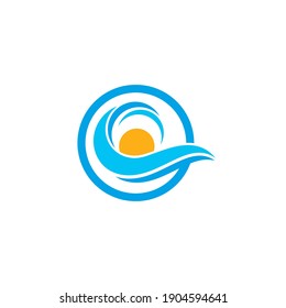 Water Wave with the sun natural icon Logo Template. vector Icon illustration design
