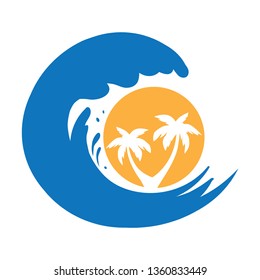 water wave, sun and palm tree, vector logo icon