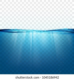 Water wave surface on a transparent background. Sun rays and air bubbles underwater. Stock vector illustration.