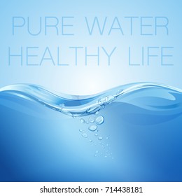 Water wave transparent surface with bubbles. Pure water healthy life. Vector illustration.