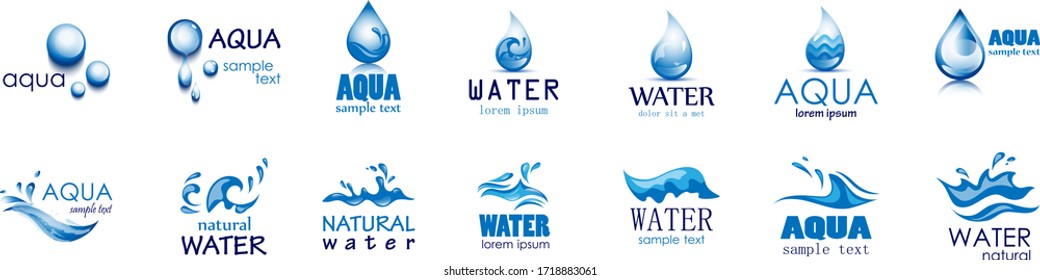 Water Wave Vector And Drop Set - Isolated On White Background. Abstract Vector Collection Of Flat Water Wave and Drop Logo. Icons For Droplet, Water Wave, Rain, Raindrop,Company Logo And Bubble Design