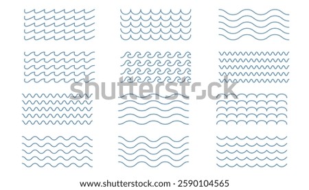 Water Wave vector icon collection. Set of wavy line pattern . Collection of twelve blue wavy line patterns representing water, waves, or abstract design elements on white background