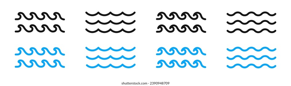Water wave vector icons. Aqua flow icon set. Sea waves . Linear style wave icons.