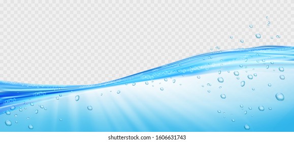 Water waves with air bubbles and sunbeams on transparent background. Vector illustration