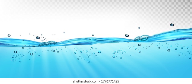 Olas de agua con burbujas de aire y vigas de sol sobre fondo transparente. Ilustración del vector