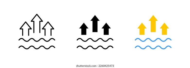 Water waves with up arrows. Evaporation, vaporization, humidification, drought, air humidity, water cycle in nature. Vector set icon in line, black and colorful styles isolated on white background