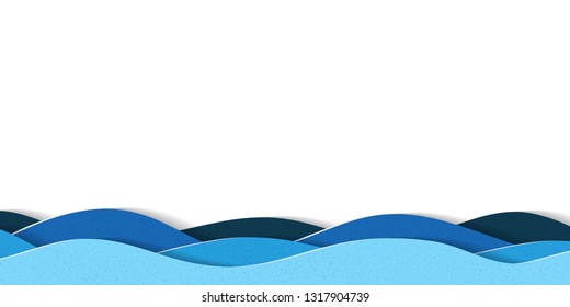 Water Waves Background With Copy Space. Abstract Multilayered Cartoon Papercut Illustration.