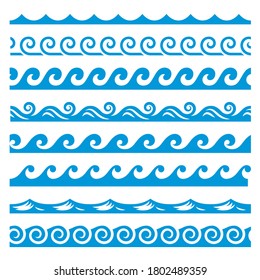 Water waves blue borders set. Marine, nautical horizontal pattern collection. Sea, ocean, river, pond theme design endless decoration elements. Vector sea waves isolated on white background.