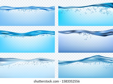 Water waves. Blue flowing realistic waves splashes fresh liquid products drinks raindrops vector