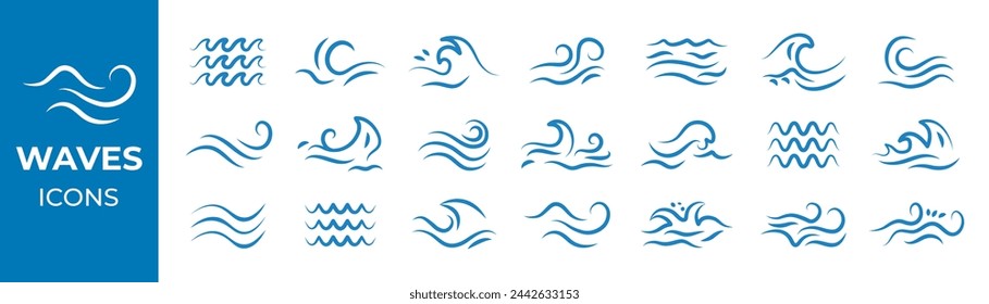 Water waves collection. Ocean waves icons set. Vector illustration.