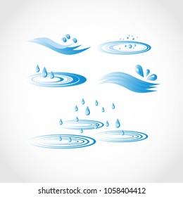 Water, waves, drops, puddles. Circles on the water. Logo, emblem. Set
