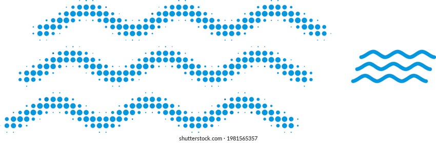 Water waves halftone dotted icon illustration. Halftone array contains round pixels. Vector illustration of water waves icon on a white background. Flat abstraction for water waves object.