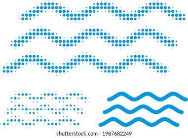 Icono salpicado de ondas de agua de medio tono. El patrón de semitono contiene píxeles de círculo. Icono vectorial de ondas de agua en un fondo blanco.