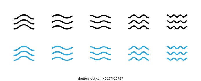 Conjunto de ícones de ondas de água. Três linhas onduladas paralelas simbolizando ondas ou ilustração de vetor de fluxo de água. Símbolo simples de pictograma de ondulação marinha. Sinal de água limpa. Pictograma de onda minimalista.