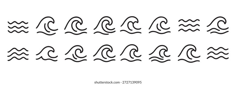 Conjunto de iconos de ondas de agua. Tres líneas onduladas paralelas que simbolizan las ondas o la Ilustración vectorial del flujo de agua. Símbolo simple del pictograma de la ondulación del mar. Señal de agua limpia. Pictograma de onda minimalista.