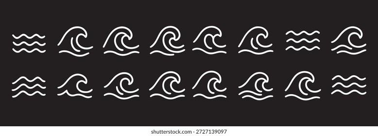Conjunto de iconos de ondas de agua. Tres líneas onduladas paralelas que simbolizan las ondas o la Ilustración vectorial del flujo de agua. Símbolo simple del pictograma de la ondulación del mar. Señal de agua limpia. Pictograma de onda minimalista.