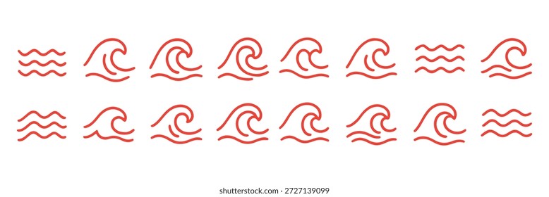 Conjunto de iconos de ondas de agua. Tres líneas onduladas paralelas que simbolizan las ondas o la Ilustración vectorial del flujo de agua. Símbolo simple del pictograma de la ondulación del mar. Señal de agua limpia. Pictograma de onda minimalista.