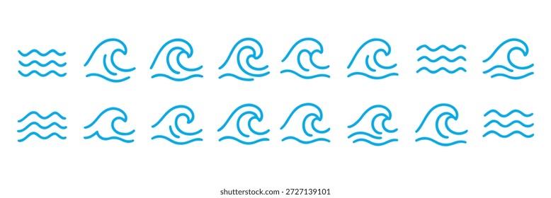 Conjunto de iconos de ondas de agua. Tres líneas onduladas paralelas que simbolizan las ondas o la Ilustración vectorial del flujo de agua. Símbolo simple del pictograma de la ondulación del mar. Señal de agua limpia. Pictograma de onda minimalista.