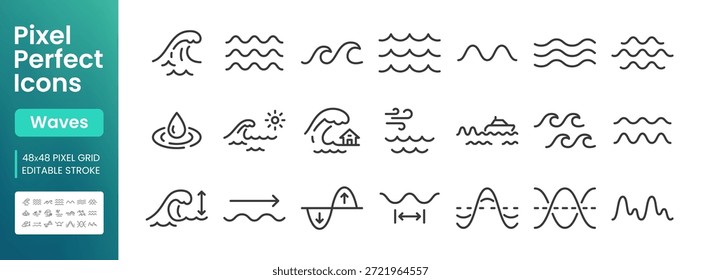 Conjunto de ícones de linha de ondas de água. Água do mar, ondulações do lago, tempestade do oceano, tsunami, ilustrações mínimas de vetores. Sinais simples para a previsão do tempo marinho. 48x48 pixels perfeito. Traço editável