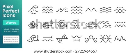 Water waves line icon set. Sea water, lake ripples, ocean storm, tsunami minimal vector illustrations. Simple outline signs for marine weather forecast. 48x48 Pixel Perfect. Editable Stroke