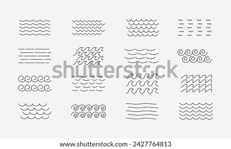 Water waves line set. Sea or ocean waves, thin line pattern. Vector illustration