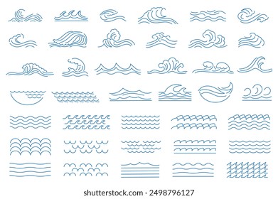 Las olas de agua mega fijan Elementos en Diseño gráfico plano. Objetos de Paquete de líneas azules, contornos de corrientes de agua, Formas de charcos ondulados, formas de fuentes de remolino, curvas de fluido vertidas. Ilustración vectorial.