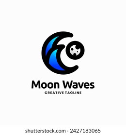 water waves and moon combination logo design concept, night light waves logo