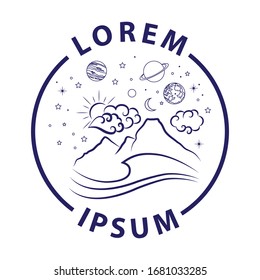 water waves, mountain and sky full of stars and planets, vector logo template