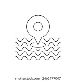 Ondas de agua con mapas de alfileres. Estilo de línea de icono de ubicación de playa aislado sobre fondo blanco. Ilustración vectorial