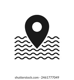 Water waves with pin maps. Beach location icon flat style isolated on white background. Vector illustration