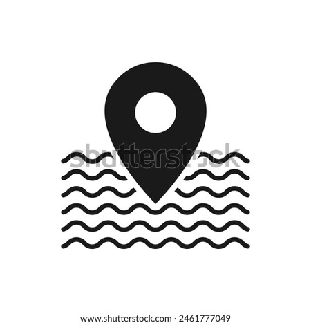 Water waves with pin maps. Beach location icon flat style isolated on white background. Vector illustration