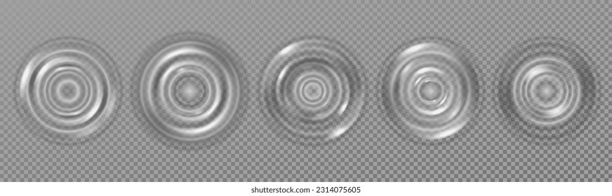 Water waves. Ripple surface. Top view of rain drop motion. Sound impact. Realistic aqua concentric circles. Round textures set. Raindrop splash effect. Vector exact pattern background