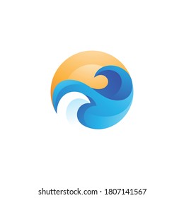 Water Waves at Sea with Sky and Sun Logo illustration with Gradient Coloring Style