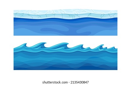 Olas de agua. Superficie de agua transparente azul sin soldadura con hielo y ondas curvas ilustrativas vectoriales