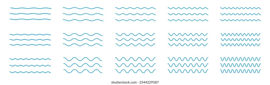 Ondas de água. Conjunto de linhas onduladas em ziguezague. Plano de fundo de linha fina de onda. Ziguezague vetorial e sublinhado ondulado horizontal. Ilustração vetorial 