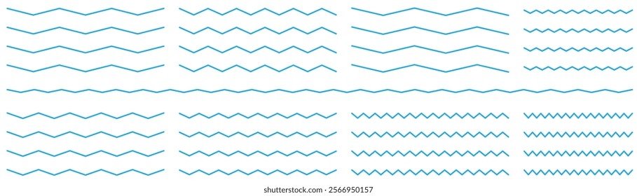 Water waves. Set of wavy zigzag lines. Wave thin line background. Vector zigzag and wavy horizontal underline.