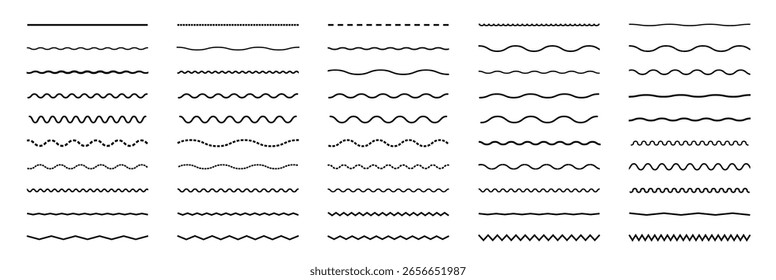 Ondas de água. Conjunto de linhas onduladas em ziguezague. Plano de fundo de linha fina de onda. Ziguezague vetorial e sublinhado ondulado horizontal. Ilustração vetorial 