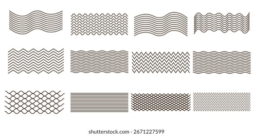 Olas de agua. Conjunto de líneas onduladas en zigzag. Fondo de línea delgada ondulada. Vector en zigzag y subrayado Horizontal ondulado. Ilustración vectorial moderna. 