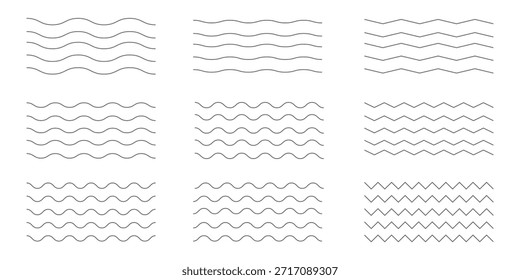 Ondas de água. Conjunto de linhas onduladas em ziguezague. Plano de fundo de linha fina de onda. Ziguezague vetorial e eps.10 ondulado moderno horizontal